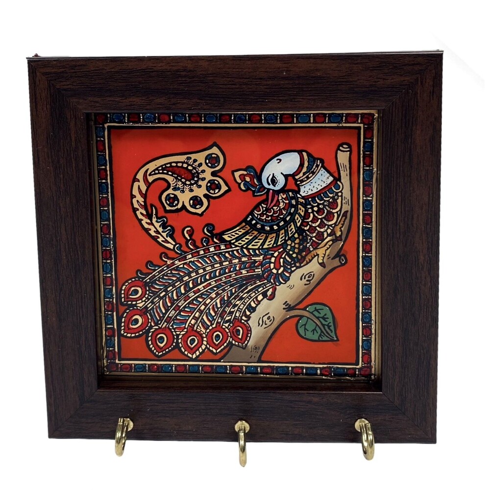 Peacock Glass Painting Art 3 Hook Key Holder Tanjore Style GRT India Bird Small